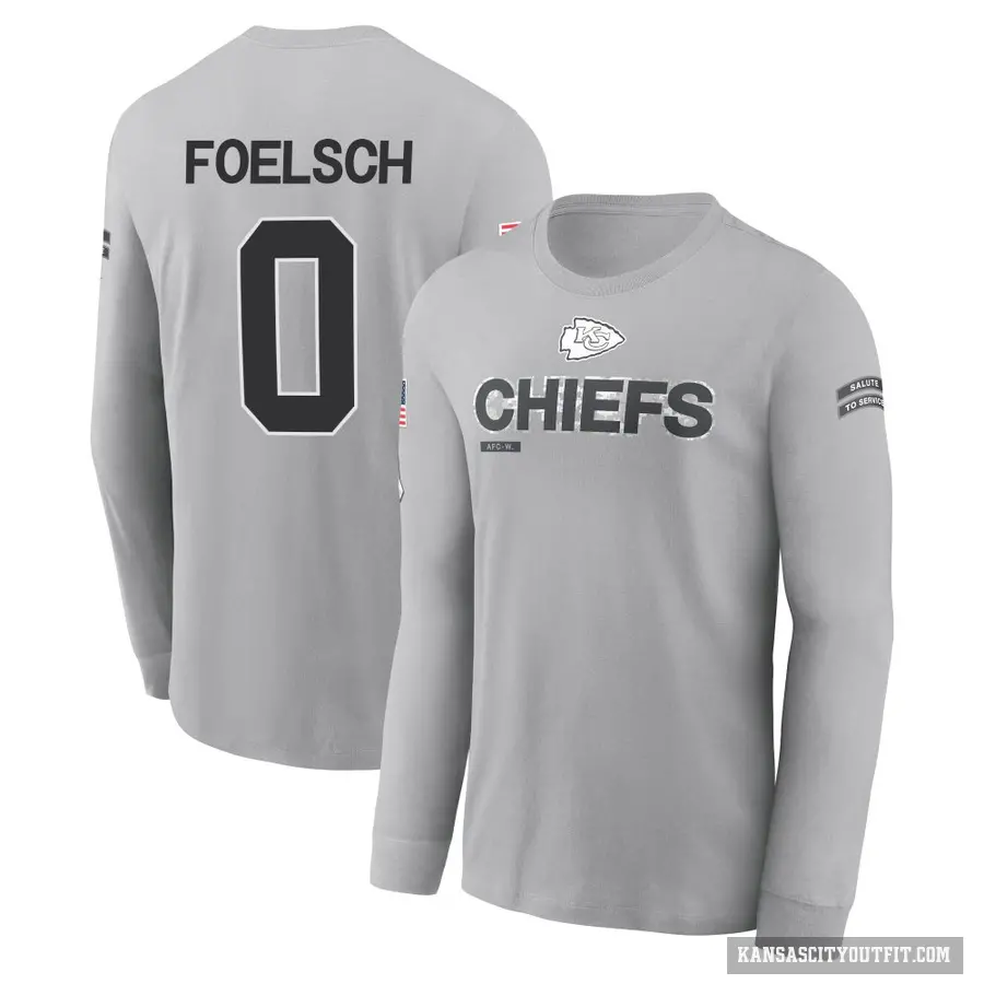 Men's ＃0 Kevin Foelsch Kansas City Chiefs Gray 2024 Salute to Service Long Sleeve T-Shirt