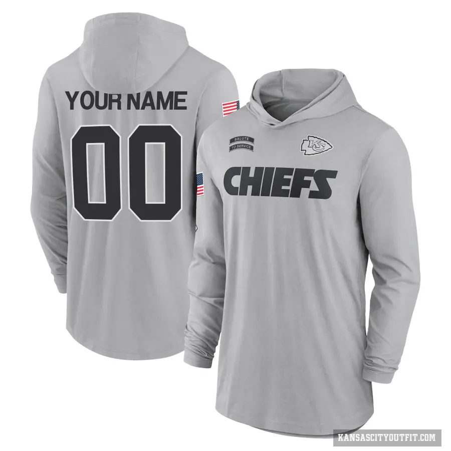 Men's ＃00 Custom Kansas City Chiefs Gray 2024 Salute to Service Lightweight Performance Long Sleeve Hooded T-Shirt