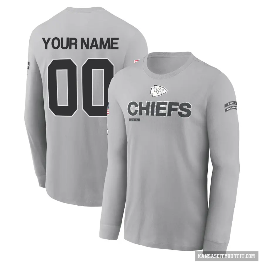 Men's ＃00 Custom Kansas City Chiefs Gray 2024 Salute to Service Long Sleeve T-Shirt