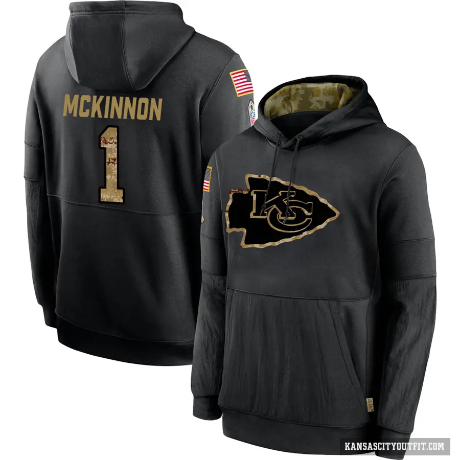 Men's ＃1 Jerick McKinnon Kansas City Chiefs Black 2020 Salute to Service Sideline Performance Pullover Hoodie