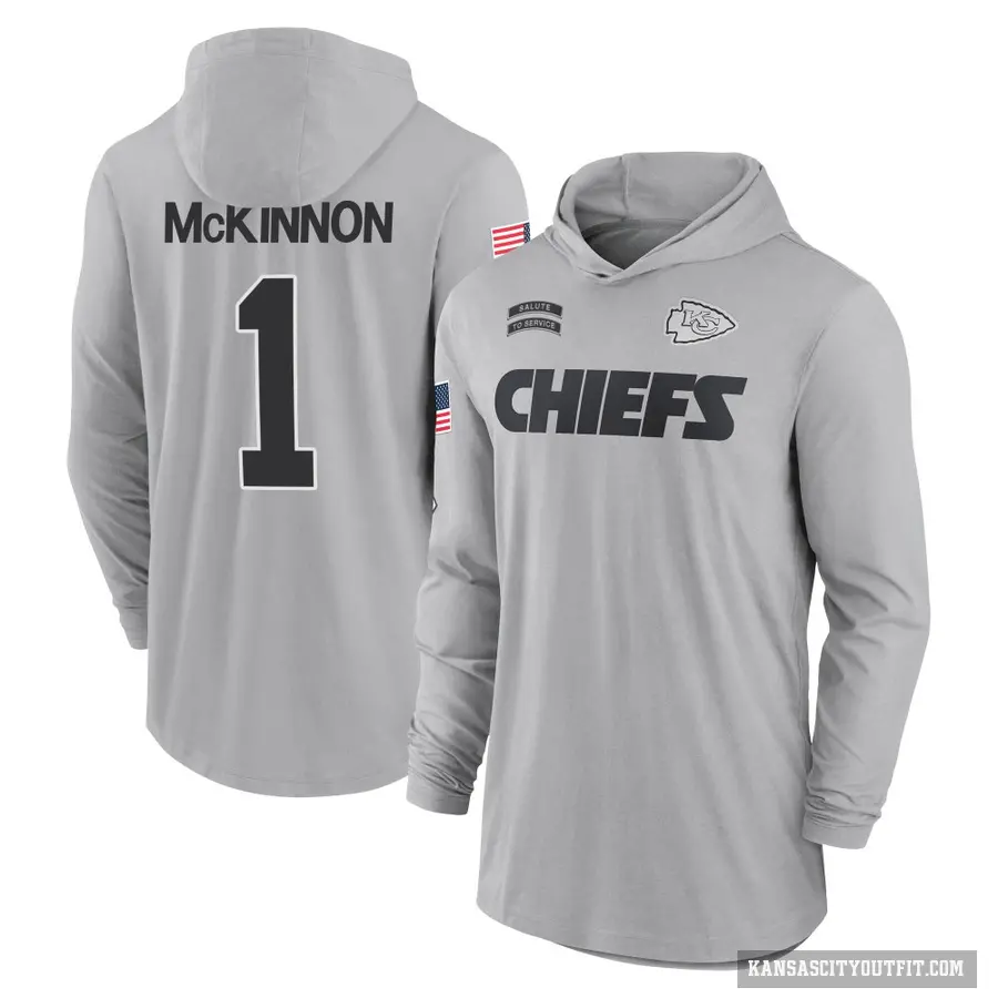 Men's ＃1 Jerick McKinnon Kansas City Chiefs Gray 2024 Salute to Service Lightweight Performance Long Sleeve Hooded T-Shirt