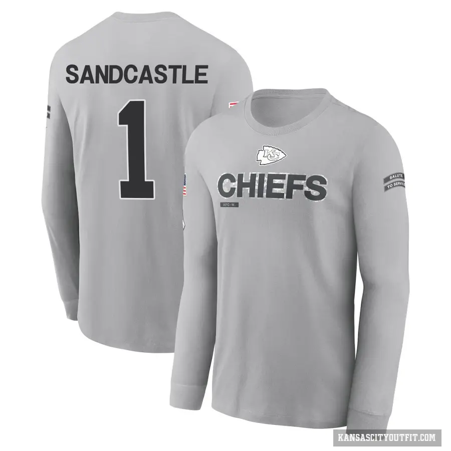 Men's ＃1 Leon Sandcastle Kansas City Chiefs Gray 2024 Salute to Service Long Sleeve T-Shirt