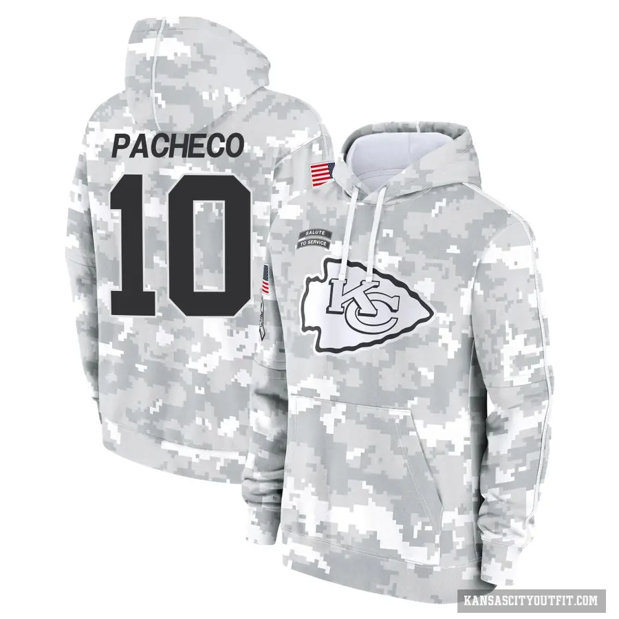 Men's ＃10 Isiah Pacheco Kansas City Chiefs Arctic Camo 2024 Salute to Service Club Fleece Pullover Hoodie
