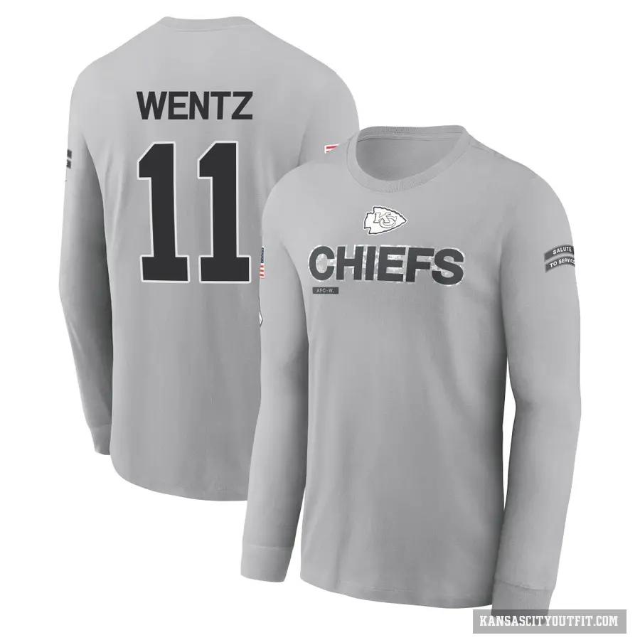 Men's ＃11 Carson Wentz Kansas City Chiefs Gray 2024 Salute to Service Long Sleeve T-Shirt