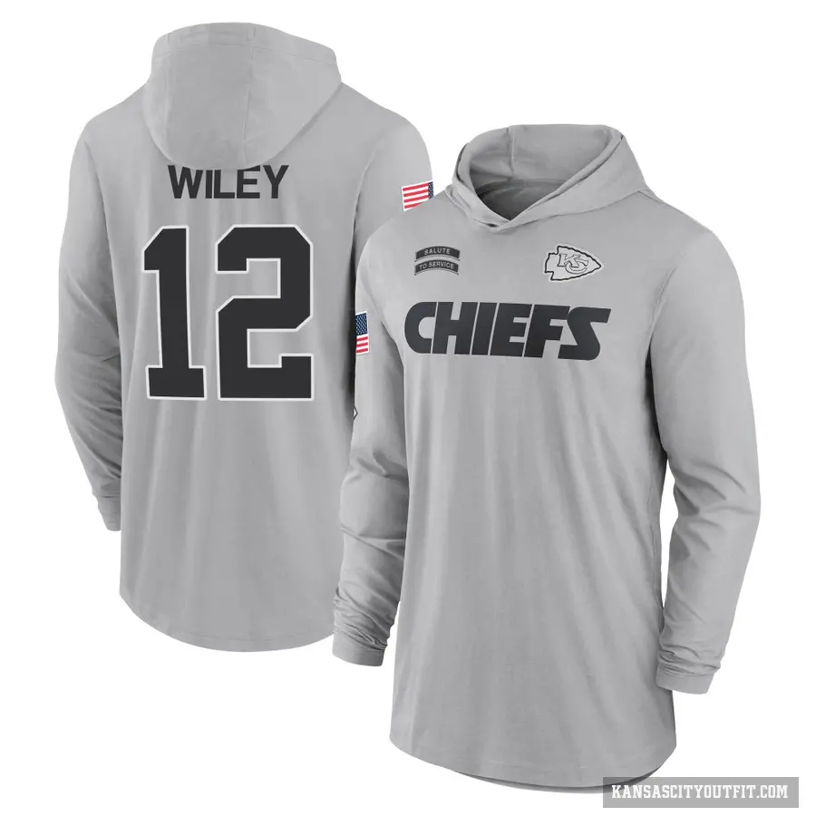 Men's ＃12 Jared Wiley Kansas City Chiefs Gray 2024 Salute to Service Lightweight Performance Long Sleeve Hooded T-Shirt