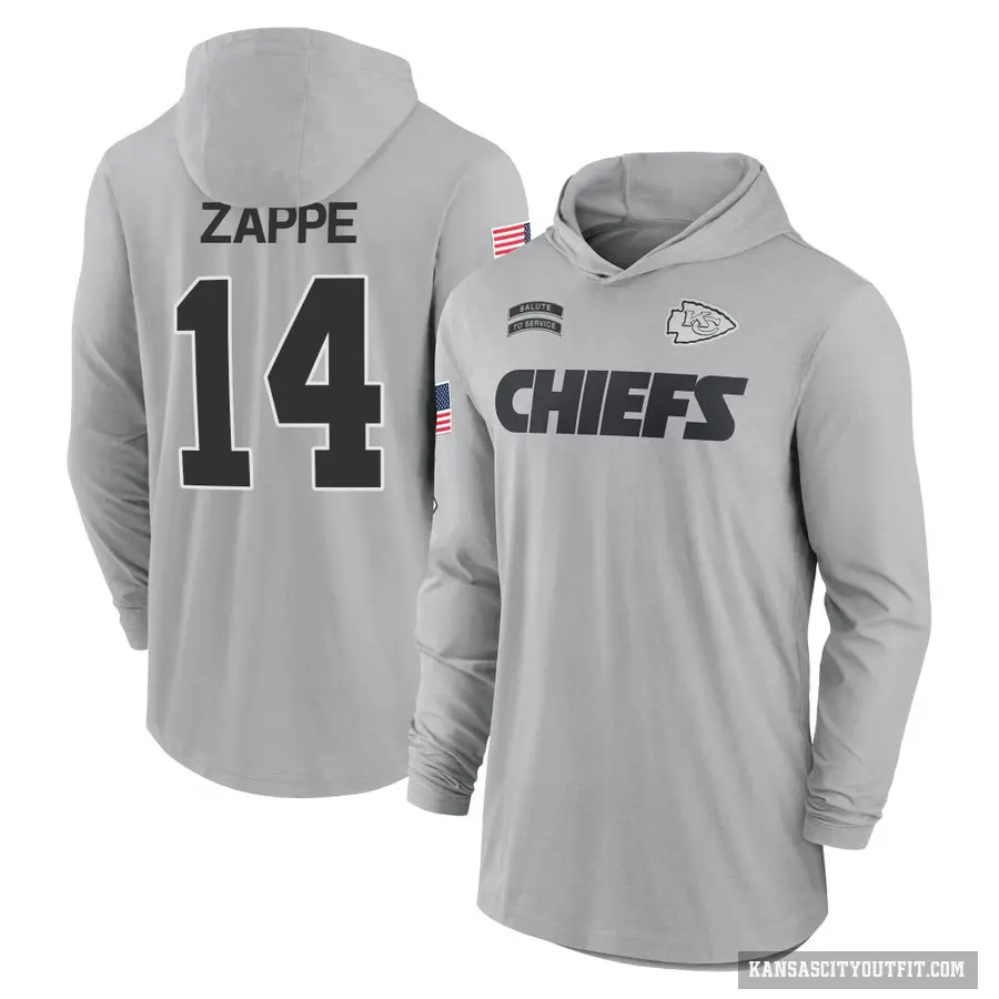 Men's ＃14 Bailey Zappe Kansas City Chiefs Gray 2024 Salute to Service Lightweight Performance Long Sleeve Hooded T-Shirt