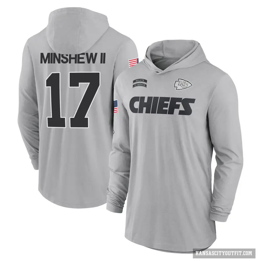 Men's ＃17 Gardner Minshew Kansas City Chiefs Gray 2024 Salute to Service Lightweight Performance Long Sleeve Hooded T-Shirt