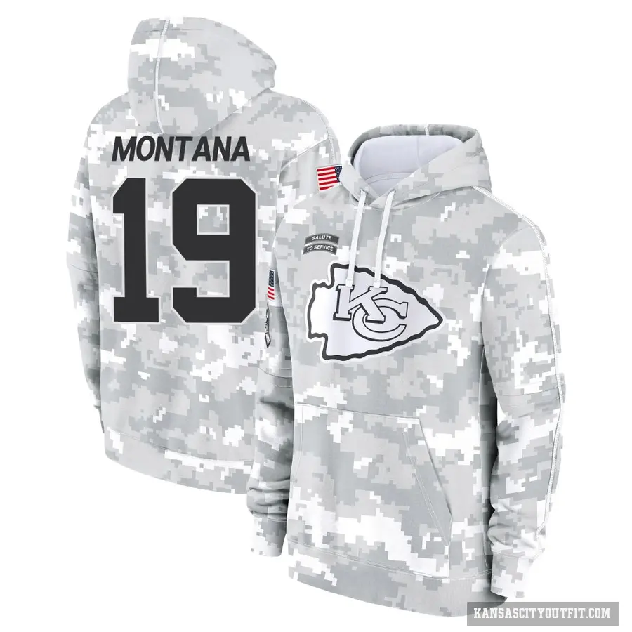 Men's ＃19 Joe Montana Kansas City Chiefs Arctic Camo 2024 Salute to Service Club Fleece Pullover Hoodie