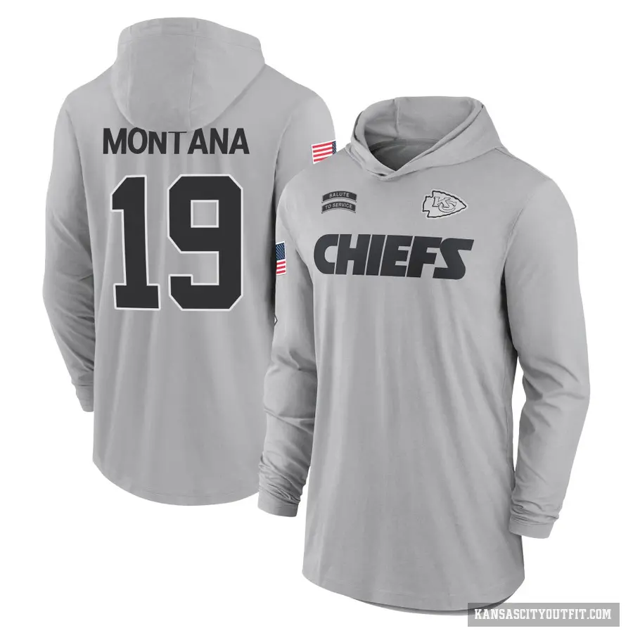 Men's ＃19 Joe Montana Kansas City Chiefs Gray 2024 Salute to Service Lightweight Performance Long Sleeve Hooded T-Shirt