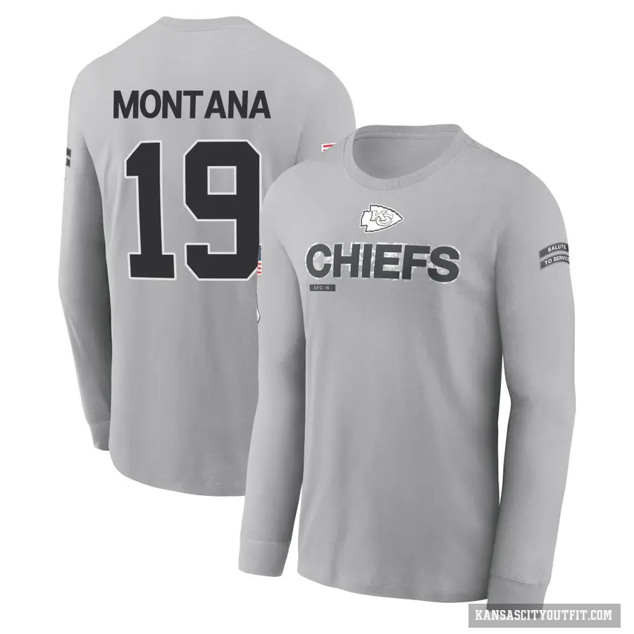 Men's ＃19 Joe Montana Kansas City Chiefs Gray 2024 Salute to Service Long Sleeve T-Shirt