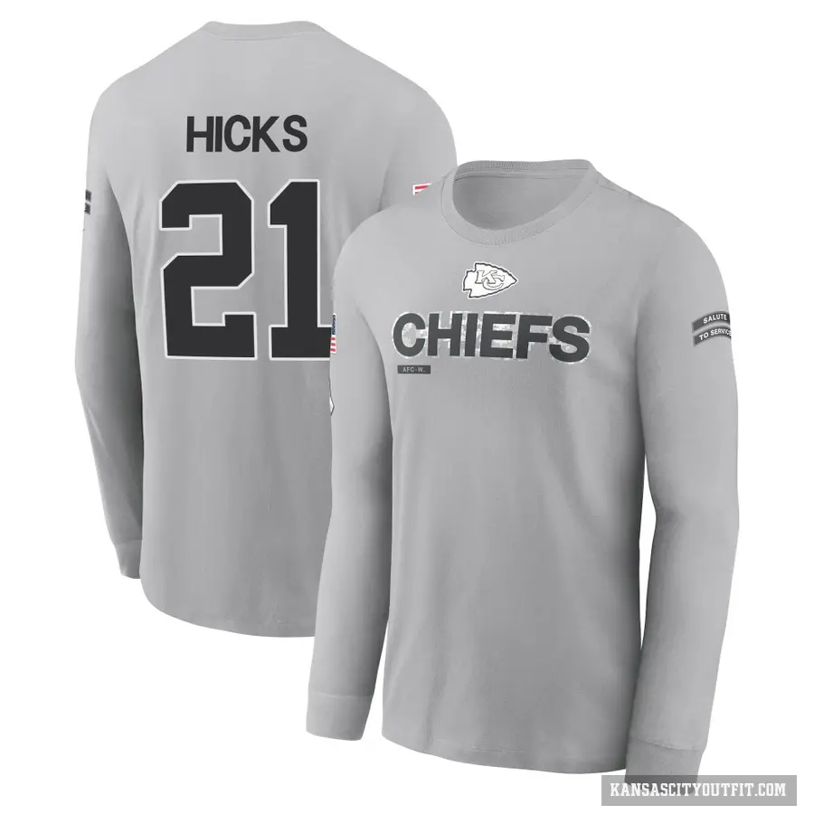 Men's ＃21 Jaden Hicks Kansas City Chiefs Gray 2024 Salute to Service Long Sleeve T-Shirt