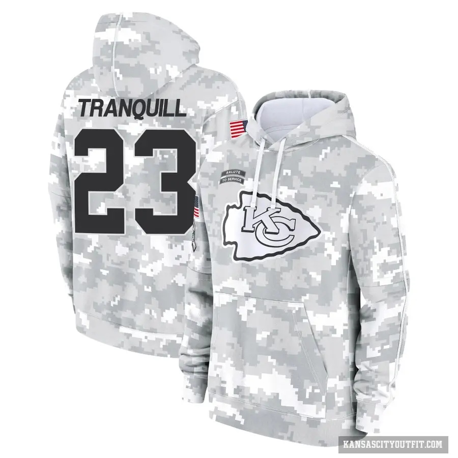 Men's ＃23 Drue Tranquill Kansas City Chiefs Arctic Camo 2024 Salute to Service Club Fleece Pullover Hoodie