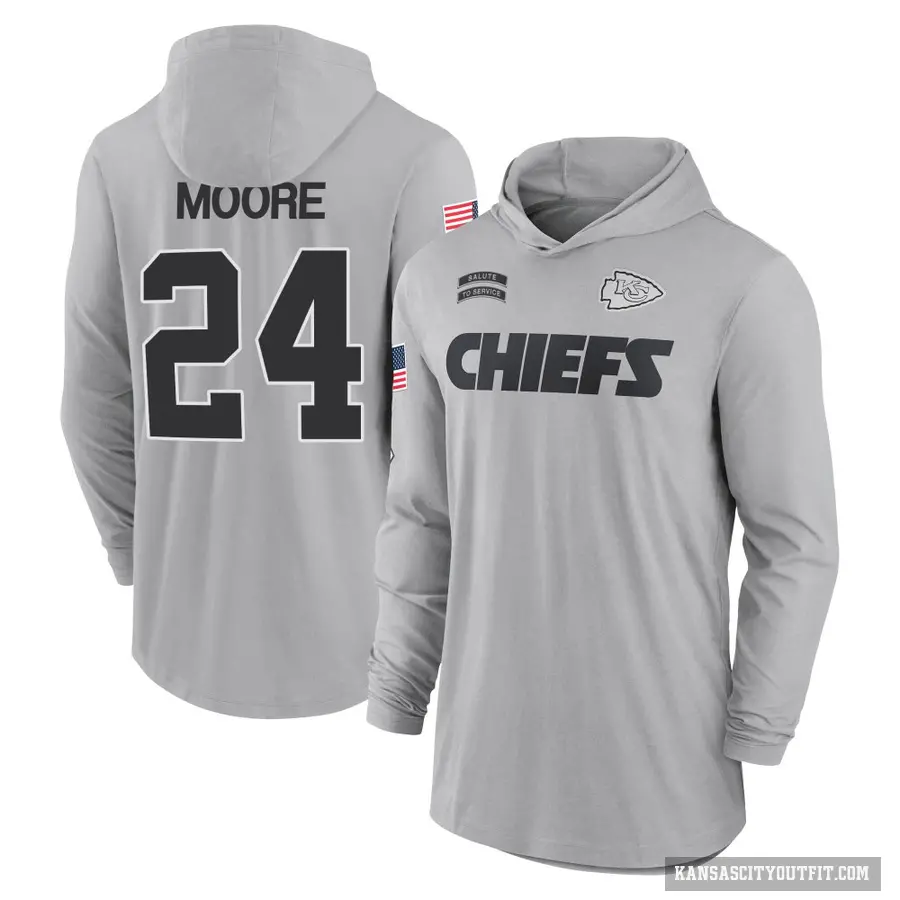 Men's ＃24 Skyy Moore Kansas City Chiefs Gray 2024 Salute to Service Lightweight Performance Long Sleeve Hooded T-Shirt