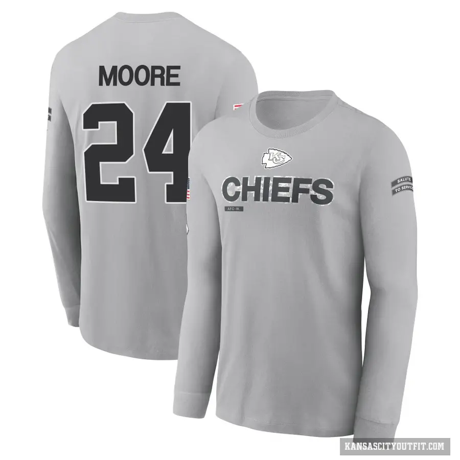 Men's ＃24 Skyy Moore Kansas City Chiefs Gray 2024 Salute to Service Long Sleeve T-Shirt