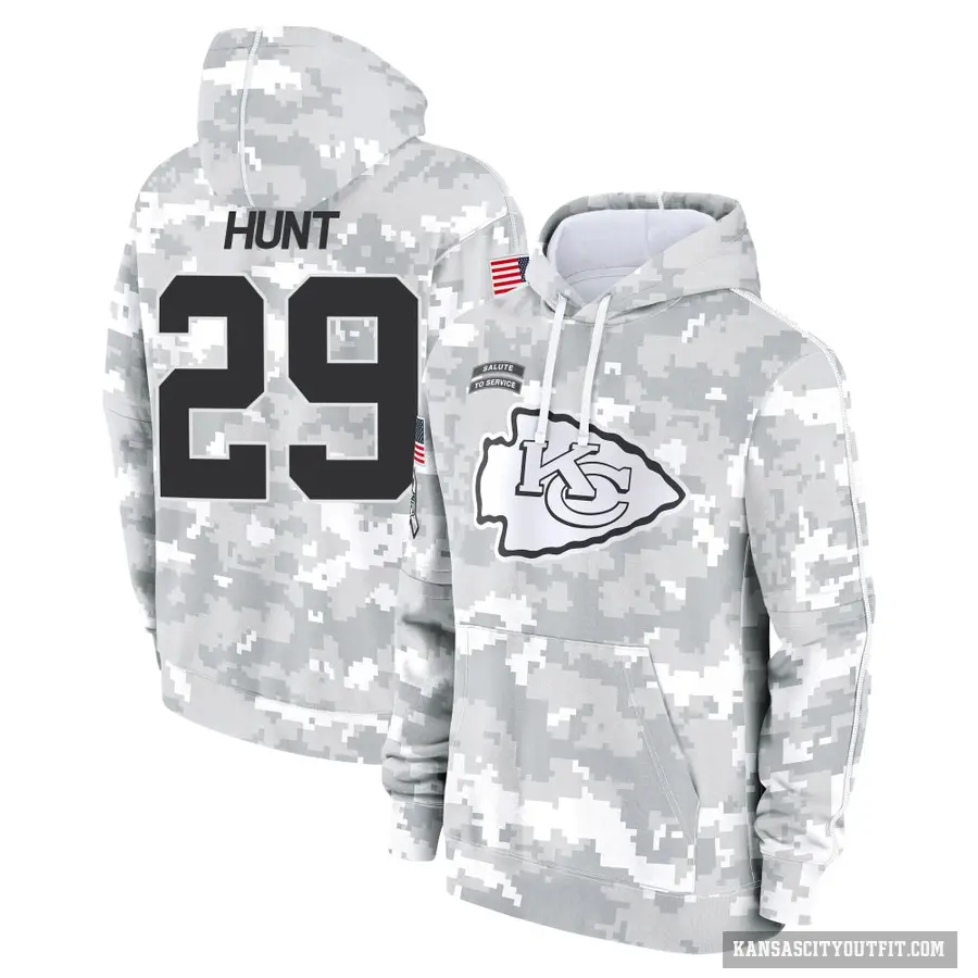 Men's ＃29 Kareem Hunt Kansas City Chiefs Arctic Camo 2024 Salute to Service Club Fleece Pullover Hoodie