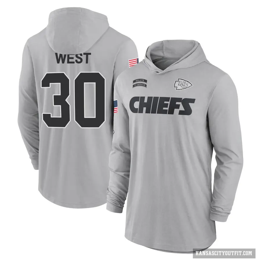 Men's ＃30 Charcandrick West Kansas City Chiefs Gray 2024 Salute to Service Lightweight Performance Long Sleeve Hooded T-Shirt