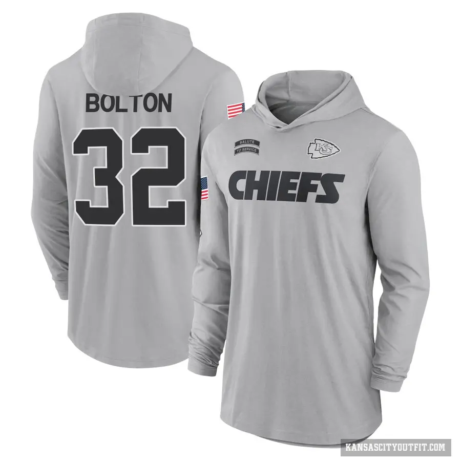 Men's ＃32 Nick Bolton Kansas City Chiefs Gray 2024 Salute to Service Lightweight Performance Long Sleeve Hooded T-Shirt