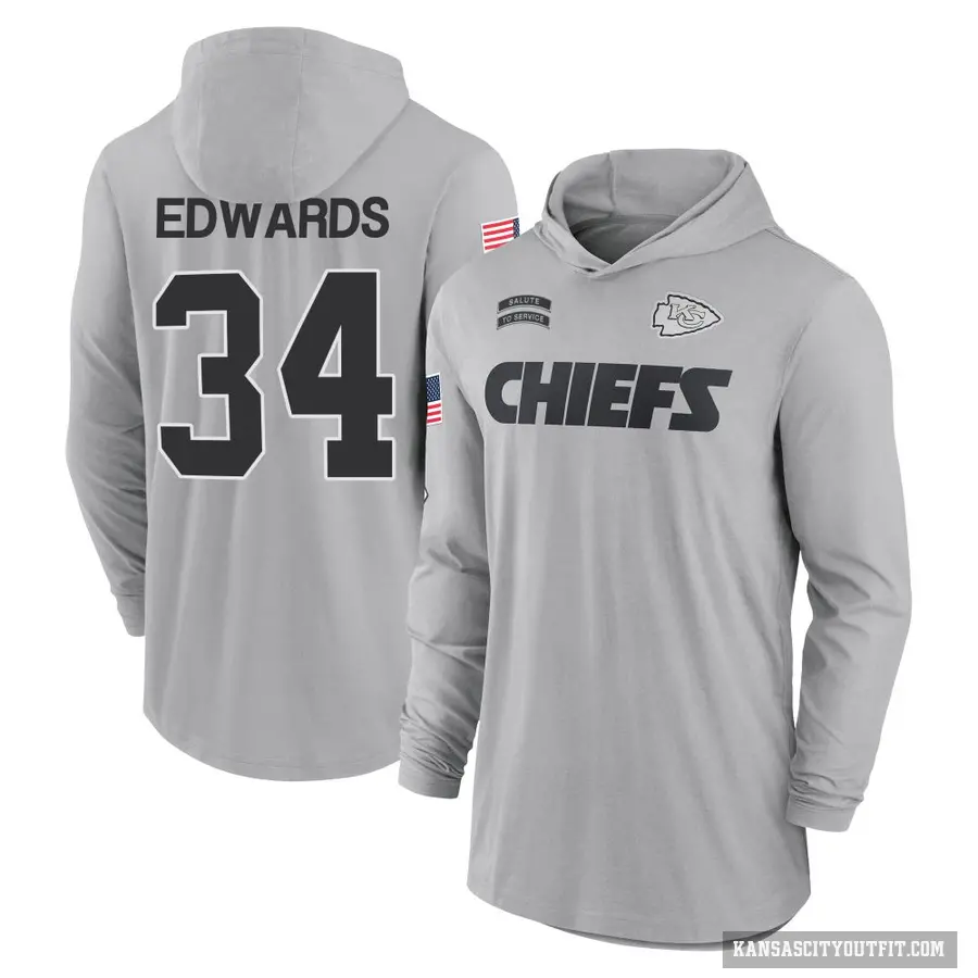 Men's ＃34 Mike Edwards Kansas City Chiefs Gray 2024 Salute to Service Lightweight Performance Long Sleeve Hooded T-Shirt