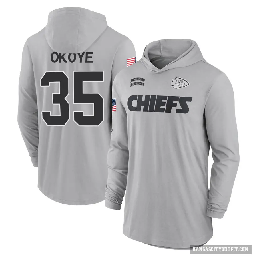 Men's ＃35 Christian Okoye Kansas City Chiefs Gray 2024 Salute to Service Lightweight Performance Long Sleeve Hooded T-Shirt