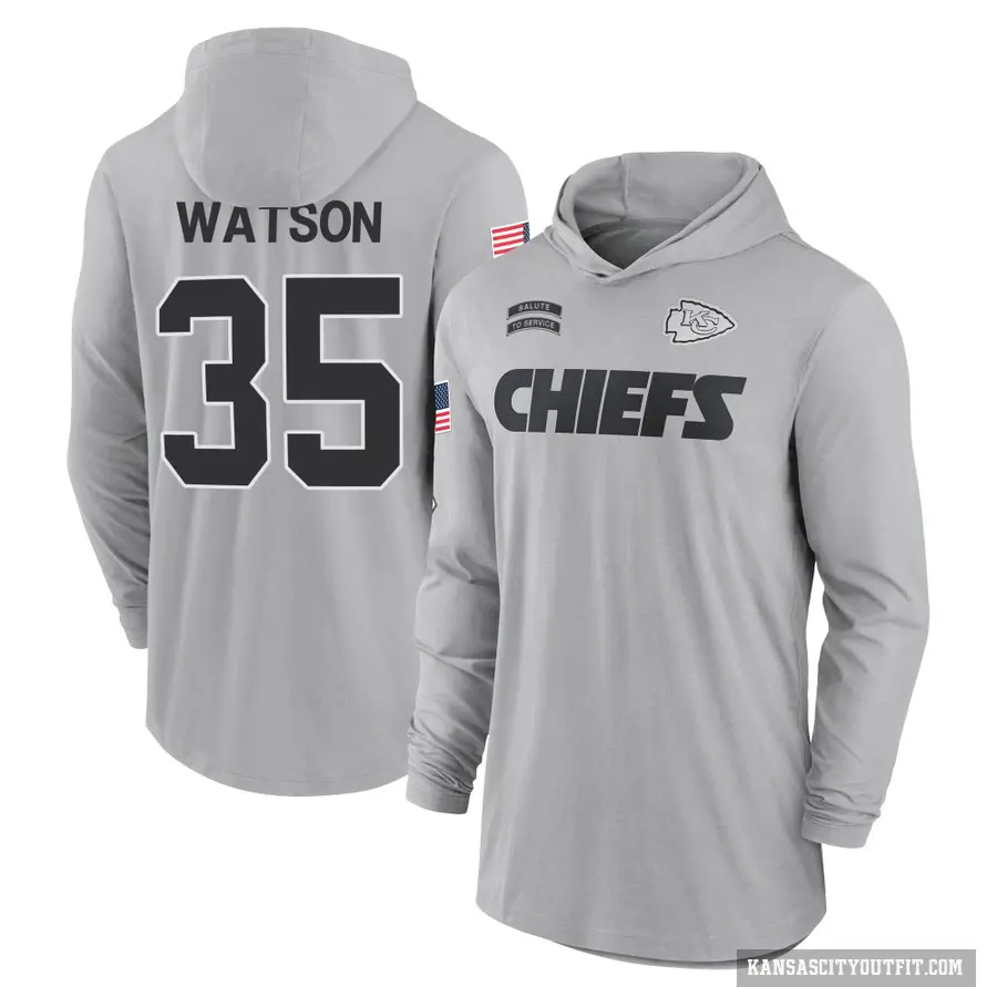 Men's ＃35 Jaylen Watson Kansas City Chiefs Gray 2024 Salute to Service Lightweight Performance Long Sleeve Hooded T-Shirt