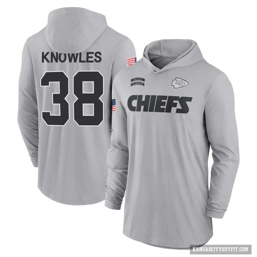 Men's ＃38 Kevin Knowles II Kansas City Chiefs Gray 2024 Salute to Service Lightweight Performance Long Sleeve Hooded T-Shirt