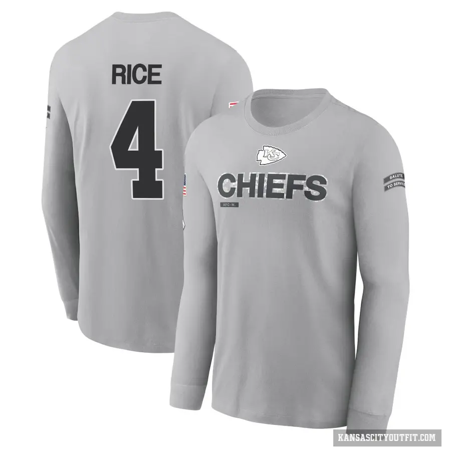 Men's ＃4 Rashee Rice Kansas City Chiefs Gray 2024 Salute to Service Long Sleeve T-Shirt