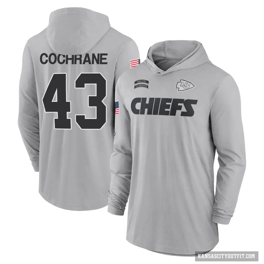 Men's ＃43 Jack Cochrane Kansas City Chiefs Gray 2024 Salute to Service Lightweight Performance Long Sleeve Hooded T-Shirt