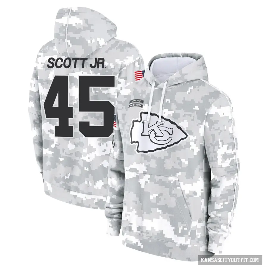 Men's ＃45 Eric Scott Jr. Kansas City Chiefs Arctic Camo 2024 Salute to Service Club Fleece Pullover Hoodie
