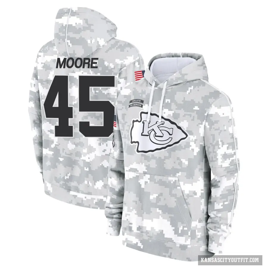 Men's ＃45 Isaiah Moore Kansas City Chiefs Arctic Camo 2024 Salute to Service Club Fleece Pullover Hoodie