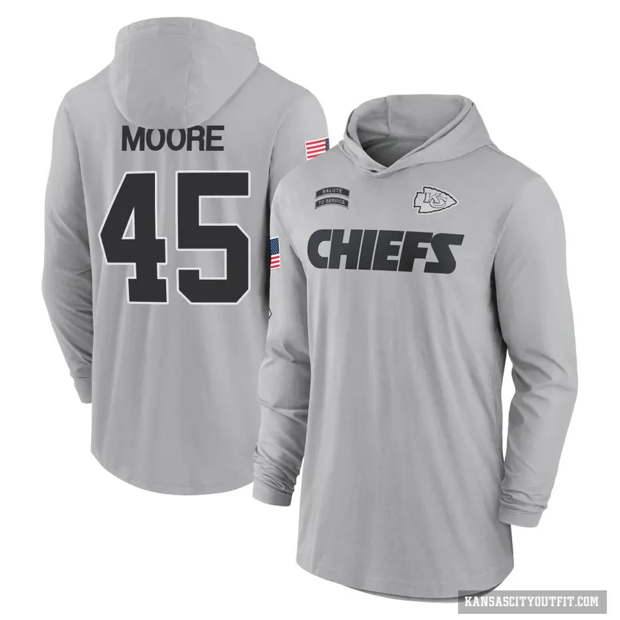 Men's ＃45 Isaiah Moore Kansas City Chiefs Gray 2024 Salute to Service Lightweight Performance Long Sleeve Hooded T-Shirt