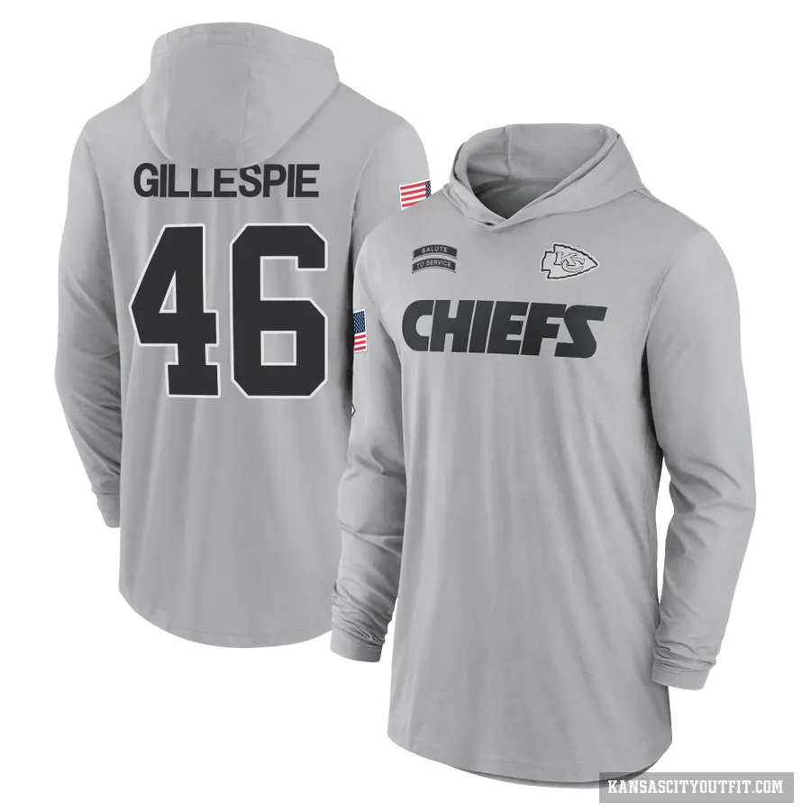 Men's ＃46 Tyree Gillespie Kansas City Chiefs Gray 2024 Salute to Service Lightweight Performance Long Sleeve Hooded T-Shirt