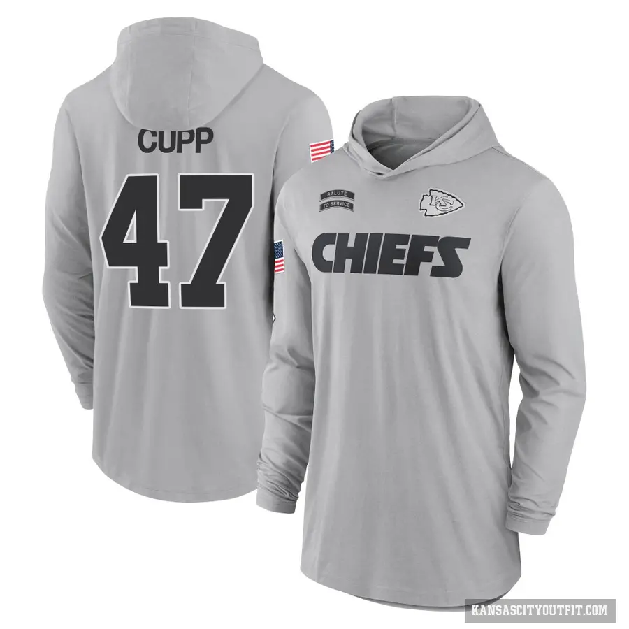 Men's ＃47 Baylor Cupp Kansas City Chiefs Gray 2024 Salute to Service Lightweight Performance Long Sleeve Hooded T-Shirt