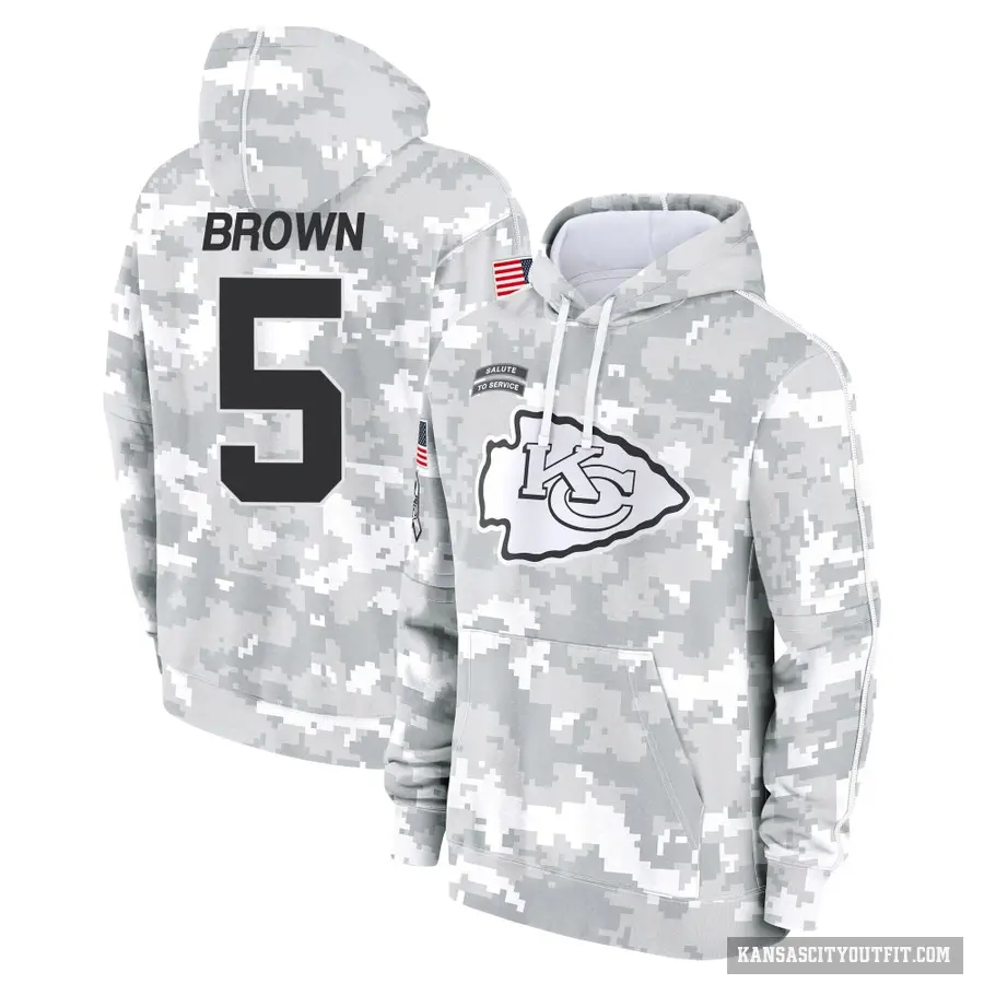 Men's ＃5 Hollywood Brown Kansas City Chiefs Arctic Camo 2024 Salute to Service Club Fleece Pullover Hoodie