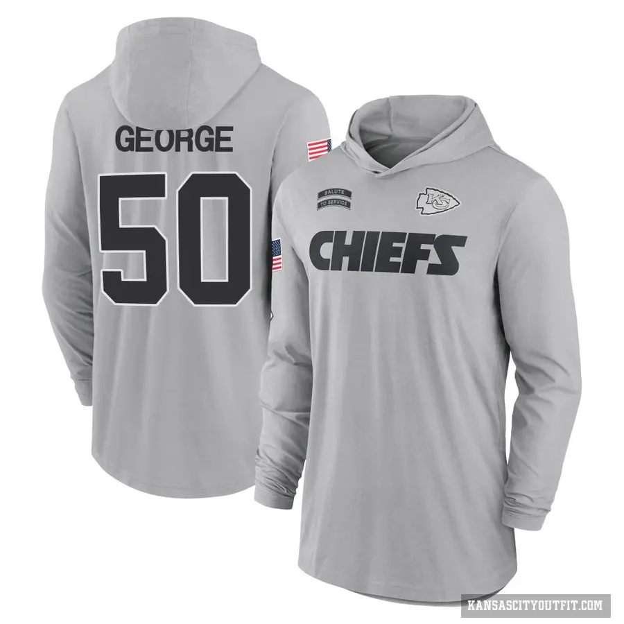 Men's ＃50 Brandon George Kansas City Chiefs Gray 2024 Salute to Service Lightweight Performance Long Sleeve Hooded T-Shirt