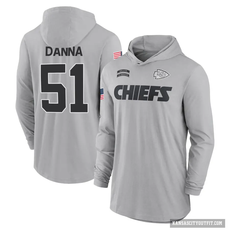 Men's ＃51 Mike Danna Kansas City Chiefs Gray 2024 Salute to Service Lightweight Performance Long Sleeve Hooded T-Shirt
