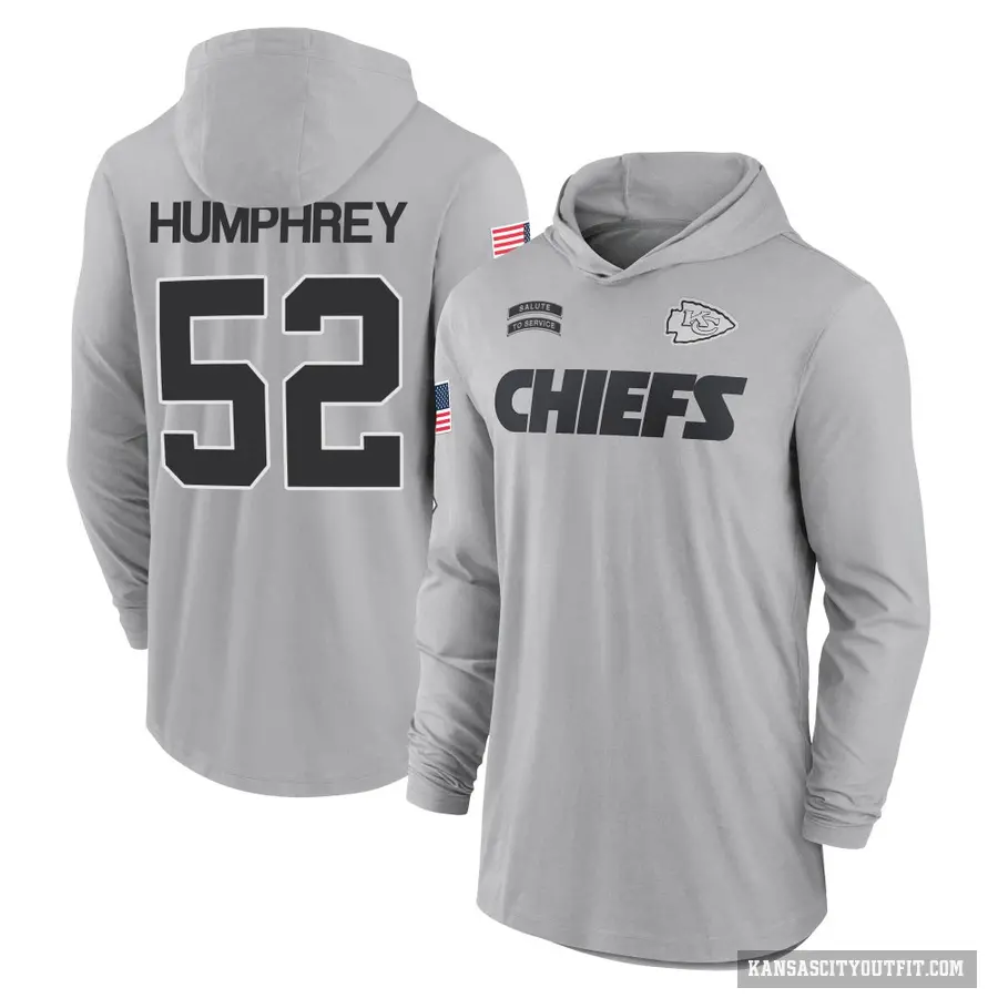 Men's ＃52 Creed Humphrey Kansas City Chiefs Gray 2024 Salute to Service Lightweight Performance Long Sleeve Hooded T-Shirt