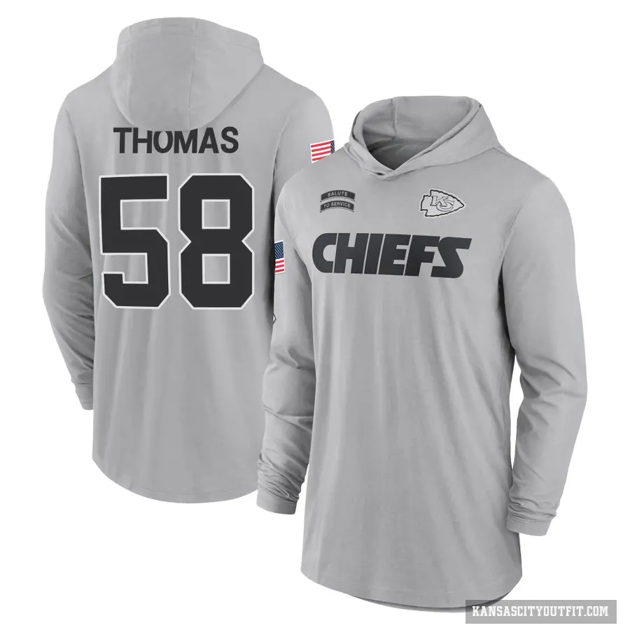 Men's ＃58 Derrick Thomas Kansas City Chiefs Gray 2024 Salute to Service Lightweight Performance Long Sleeve Hooded T-Shirt