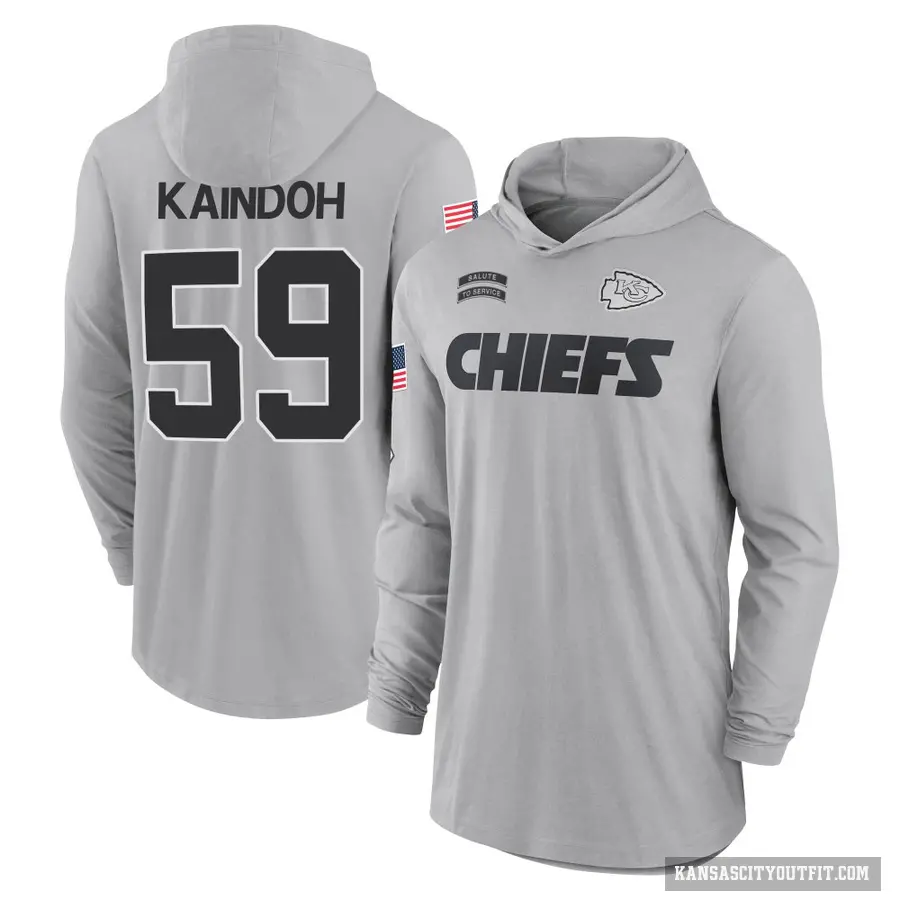 Men's ＃59 Joshua Kaindoh Kansas City Chiefs Gray 2024 Salute to Service Lightweight Performance Long Sleeve Hooded T-Shirt