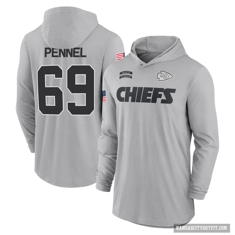 Men's ＃69 Mike Pennel Jr. Kansas City Chiefs Gray 2024 Salute to Service Lightweight Performance Long Sleeve Hooded T-Shirt