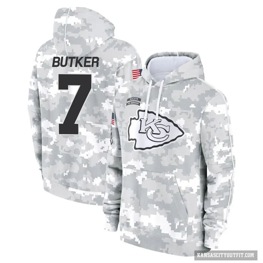 Men's ＃7 Harrison Butker Kansas City Chiefs Arctic Camo 2024 Salute to Service Club Fleece Pullover Hoodie