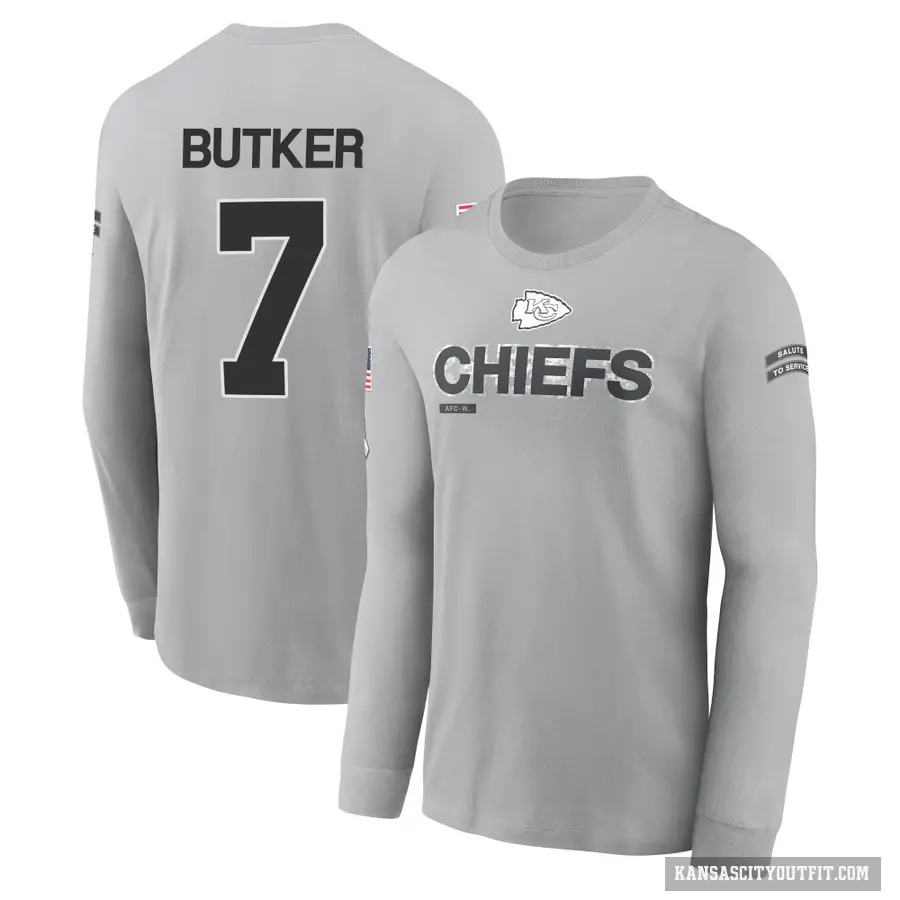 Men's ＃7 Harrison Butker Kansas City Chiefs Gray 2024 Salute to Service Long Sleeve T-Shirt