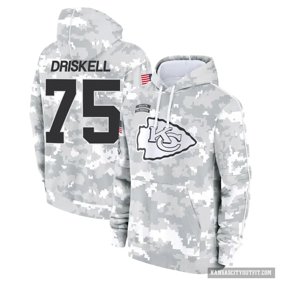 Men's ＃75 Ethan Driskell Kansas City Chiefs Arctic Camo 2024 Salute to Service Club Fleece Pullover Hoodie