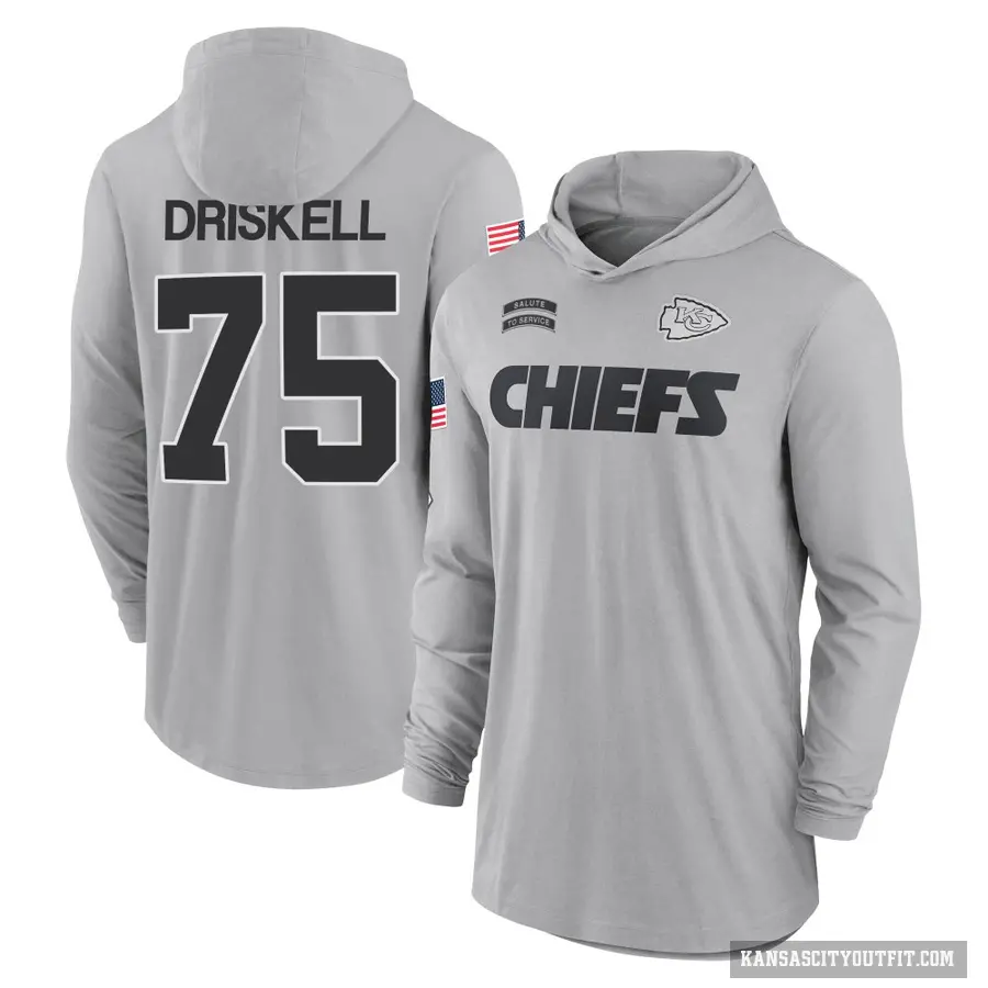 Men's ＃75 Ethan Driskell Kansas City Chiefs Gray 2024 Salute to Service Lightweight Performance Long Sleeve Hooded T-Shirt