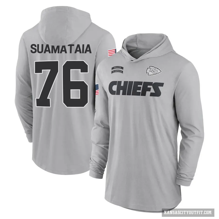Men's ＃76 Kingsley Suamataia Kansas City Chiefs Gray 2024 Salute to Service Lightweight Performance Long Sleeve Hooded T-Shirt