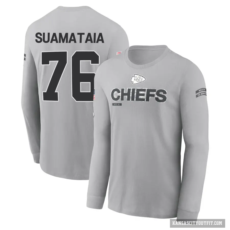 Men's ＃76 Kingsley Suamataia Kansas City Chiefs Gray 2024 Salute to Service Long Sleeve T-Shirt