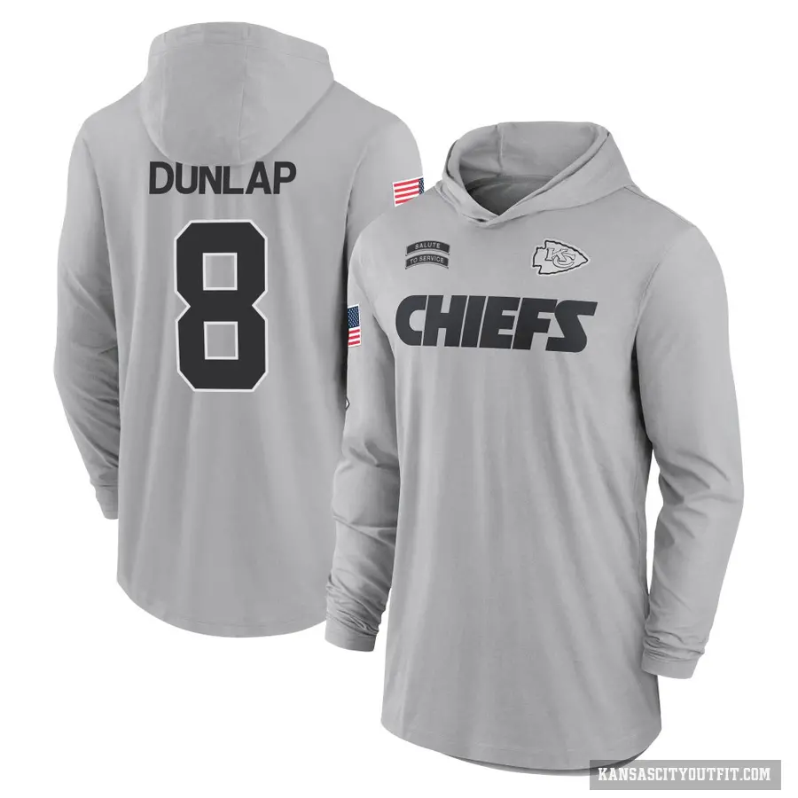 Men's ＃8 Carlos Dunlap Kansas City Chiefs Gray 2024 Salute to Service Lightweight Performance Long Sleeve Hooded T-Shirt