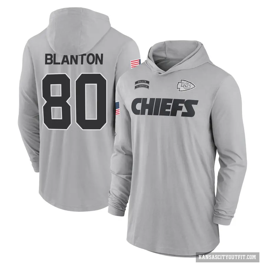 Men's ＃80 Kendall Blanton Kansas City Chiefs Gray 2024 Salute to Service Lightweight Performance Long Sleeve Hooded T-Shirt
