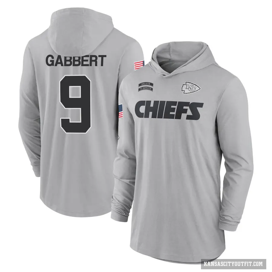 Men's ＃9 Blaine Gabbert Kansas City Chiefs Gray 2024 Salute to Service Lightweight Performance Long Sleeve Hooded T-Shirt