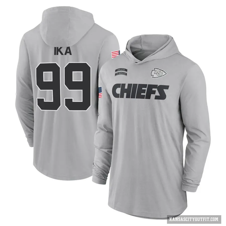 Men's ＃99 Siaki Ika Kansas City Chiefs Gray 2024 Salute to Service Lightweight Performance Long Sleeve Hooded T-Shirt