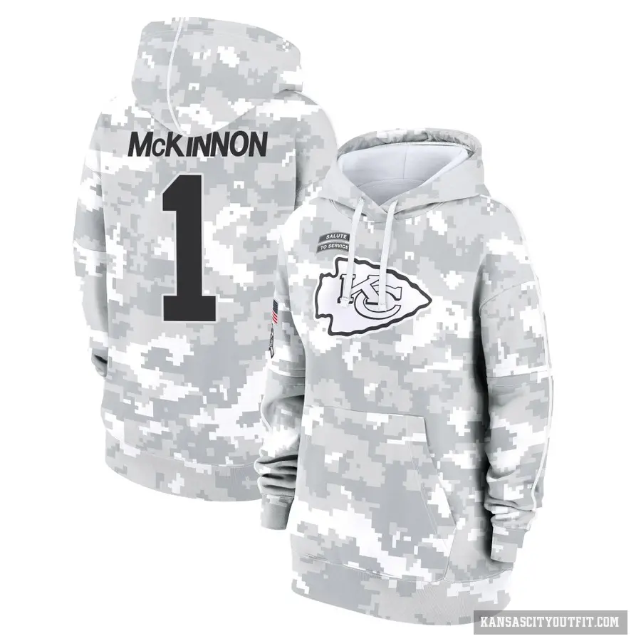 Women's ＃1 Jerick McKinnon Kansas City Chiefs Arctic Camo 2024 Salute to Service Club Fleece Pullover Hoodie